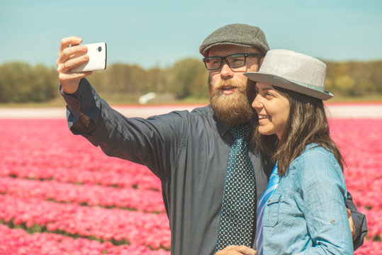 Selfie in tulip field