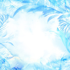 Winter watercolor background. Hand painted frozen frame with white copyspace. Frost texture.