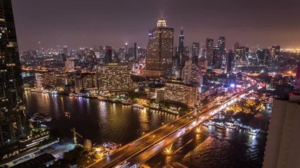 4K Timelapse Chaopraya river view, Bangkok, Thailand. Night scene.