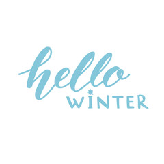 Fototapeta premium Hello winter text, vector lettering isolated on white background. Modern typography, pastel blue color. Winter season cards, december greetings for social media. 