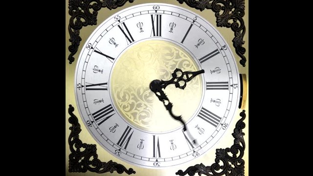 Clock face running forward at speed ornate grandfather time travel 4K

