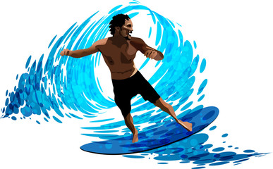 Surfer on waves, extreme sport, vector illustration