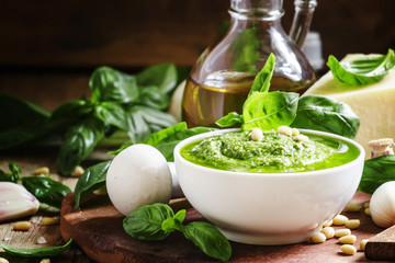 Pesto in bowl, selective focus