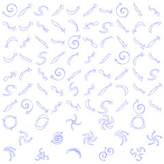 Fototapeta na wymiar Arrows painted handle. Set of blue pointers. A collection of cursors. Icon design elements of progress. Group of recycling symbols. Vector illustration. 
