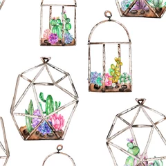 Crédence de cuisine en verre imprimé Plantes de terrarium Modèle sans couture avec florariums avec aquarelles succulentes et cuctus à l& 39 intérieur, dessinés à la main isolés sur fond blanc
