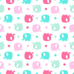 Fototapeta premium Cute flat elephant. Vector seamless pattern with fun color elephants silhouette and dots. Sweet background for babies and children. Pastel colors - pink and green on white background.