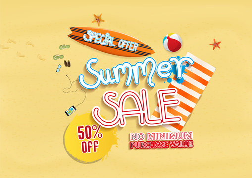 Summer sale background design with beach elements. Vector illustration
