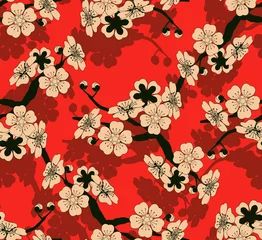 Papier peint Style japonais une tuile sans couture de style japonais avec une branche de cerisier et un motif de fleurs en noir, rouge et ivoire