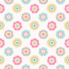 Fototapeta premium Flat flowers. Vector seamless pattern with cute flat flowers. Pastel colors - light pink, yellow, green. Nice baby background.