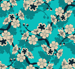 a Japanese style seamless tile with a cherry tree branch and flowers pattern in ivory and blue shades