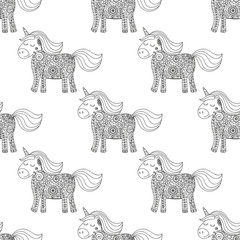Cute doodle unicorn. Vector seamless pattern with hand drawn little pony. Nice unicorn with floral ornament and dots. Sweet doodle design for babies and kids.