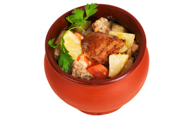 clay pot chicken parsley potatoes vegetables isolated
