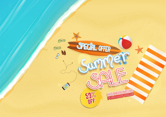 summer sale background design, with text and beach objects,

