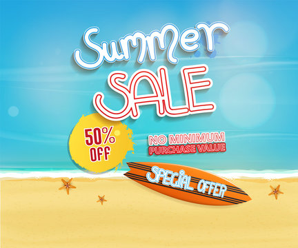 summer sale background design, with text and beach objects,

