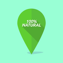 Long shadow map mark icon with    the text 100% NATURAL