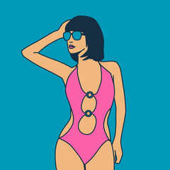 Brunette in fashionable swimsuit. Pop art style.