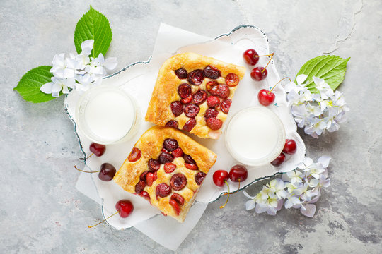 Italian sweet Bread Focaccia with Cherries for Breakfast or Lunc