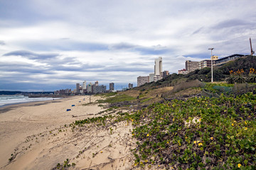 Fototapeta na wymiar Dunes and Vegetation on Beach Against City Skyline