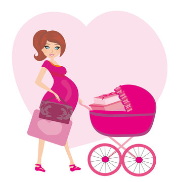 pregnant woman with a pink baby carrier full of presents