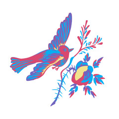 Bird flying isolated white branch flower rose greeting card celebrate gift illustration pigeon invitation message design element doodles