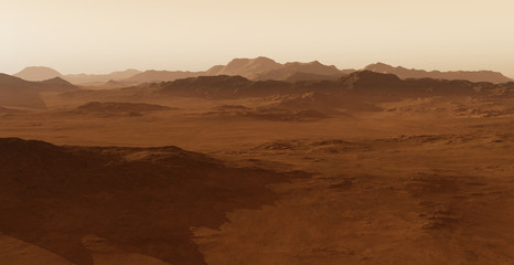 Dust storm on Mars. Sunset on Mars. Martian landscape. 3D rendering