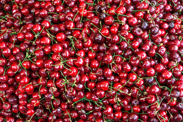 Ripe cherries. Close up, Top view, High resolution product.
