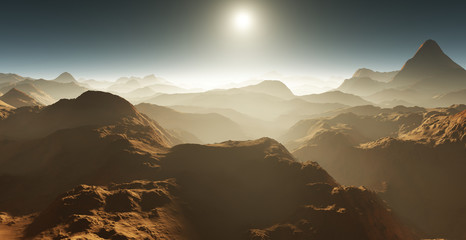 Dust storm on Mars. Sunset on Mars. Martian landscape. 3D rendering