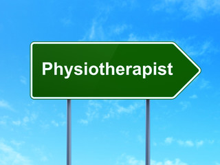 Health concept: Physiotherapist on road sign background