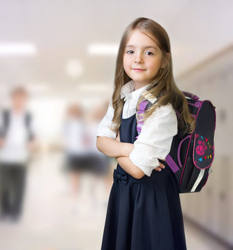 Caucasian school girl child indoors background.