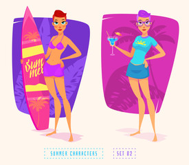 Surfing girl cartoon character. Isolated vector illustration.