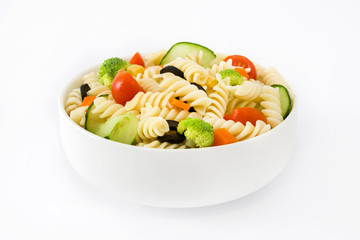Pasta salad in a bowl isolated on white background

