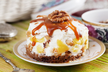 cake with sour cream, whipped, boiled condensed milk, pineapple, walnuts, chocolate, biscuit,