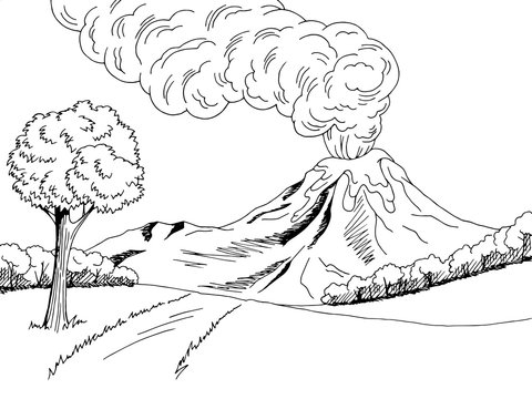 Volcano mountain hill road graphic art black white sketch landscape illustration vector