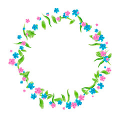 a wreath of wild flowers blue and pink handmade style