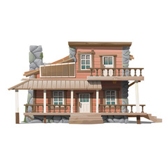 Two-storey wooden cottage with stone facade decor