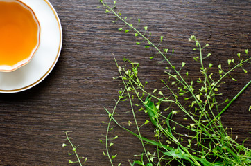 herbal lady's purse tea in a porcelain cup on a dark wooden background