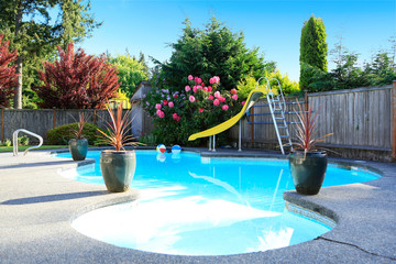 Fenced backyard with small beautiful swimming pool - obrazy, fototapety, plakaty