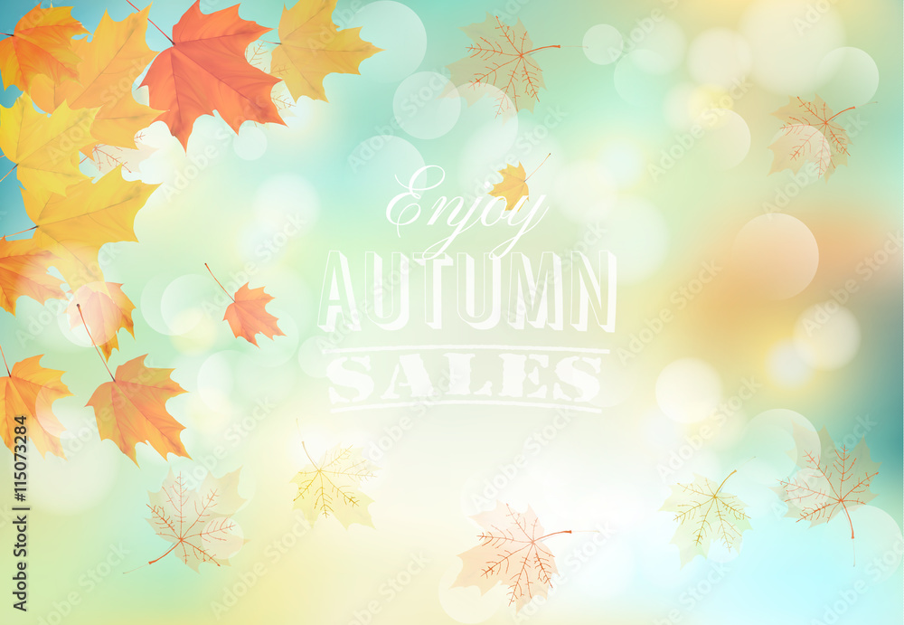 Aufkleber enjoy autumn sales background with colorful leaves. vector.