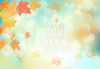 Enjoy autumn sales background with colorful leaves. Vector.