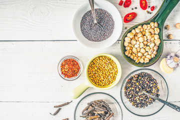 Spices of Middle East , Caucasian and Asian cuisine on the white table