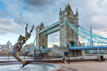Twinlight view of Tower Bridge in London in the late afternoon, England, United Kingdom