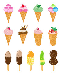 Set of different ice cream, ice cream on a stick, in a cup, cone, chocolate. Collection of ice cream. Vector illustration