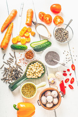 Ingredients  for Middle East , Caucasian and Asian cuisine on the white table vertical