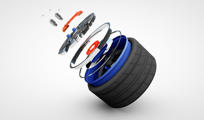 Concept of tire service. Wheels, Rims , brake pads and discs. CA