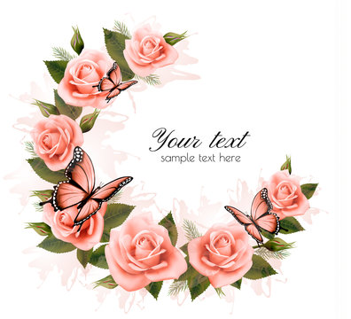 Holiday background with beauty flowers and butterflies. Vector.