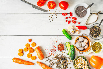 Products  for Middle East , Caucasian and Asian cuisine on the white table  top view