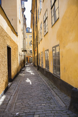 Narrow Street in Old Town (Gamla Stan) of Stockholm, Sweden

