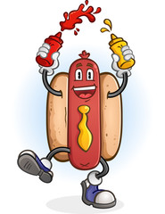 Hot Dog Cartoon Character Squirting Condiments and Dancing