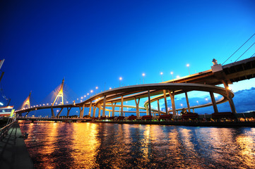 Fototapeta na wymiar Panorama scene of bhumibol bridge, modern landmark over Chaopraya river, with blue sky twilight.