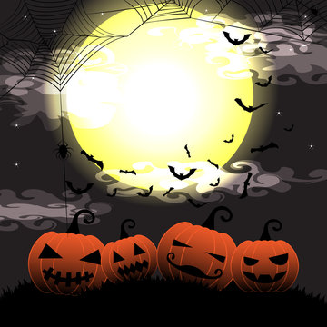 Halloween night with pumpkin,cobweb and bats on full moon vector illustration background